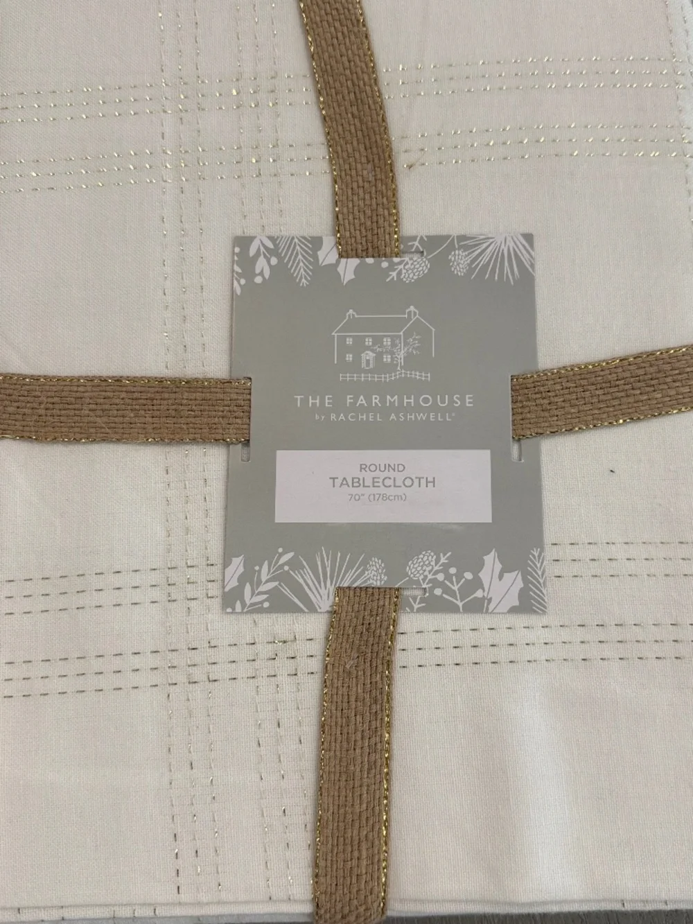 The Farmhouse by Rachel Ashwell Off White with Gold Accent Round Tablecloth, 70